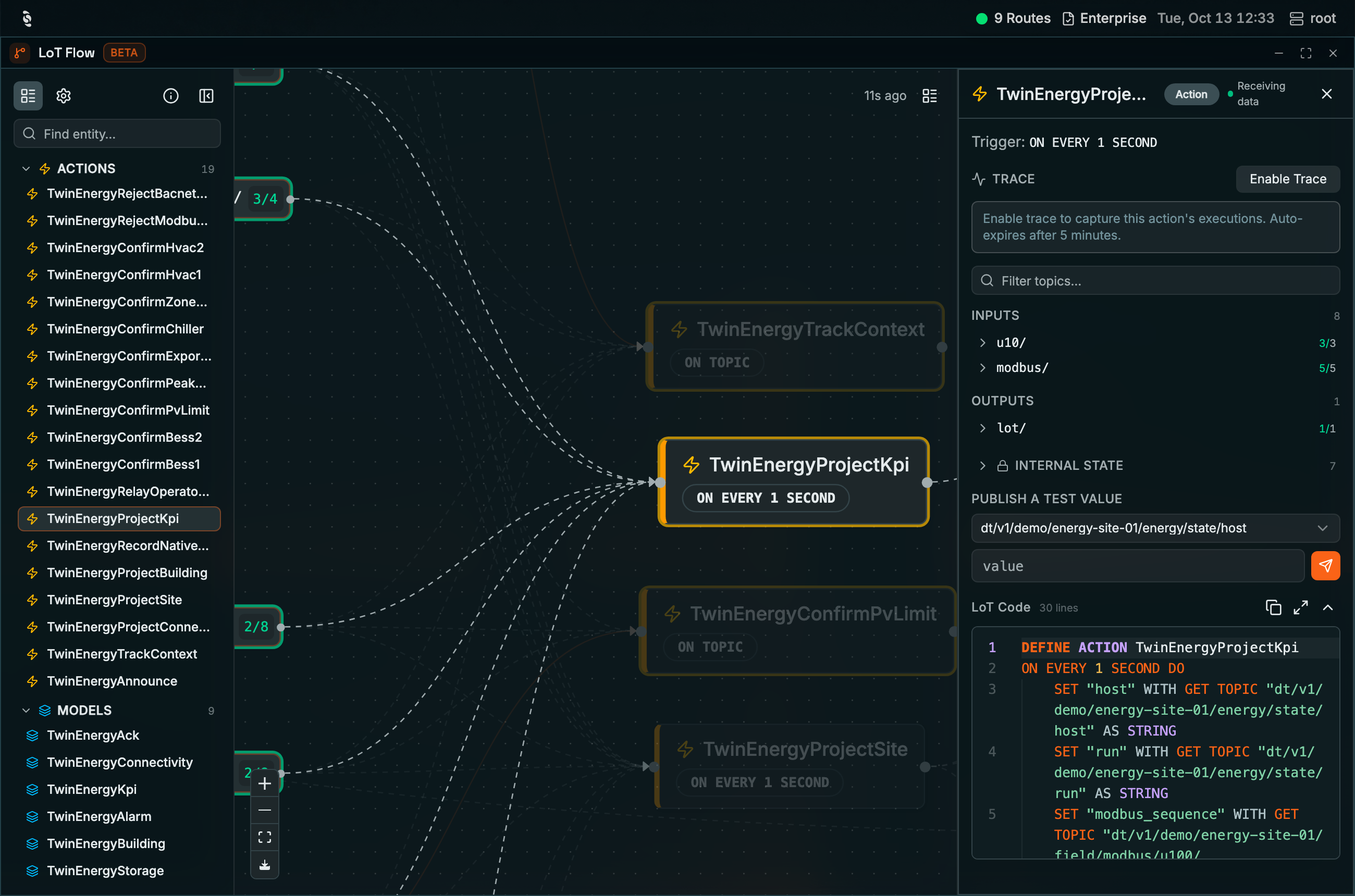Coreflux HUB LoT Flow with TwinEnergyProjectKpi selected in the Entities rail and highlighted on the canvas; the detail panel shows Receiving data, Trigger ON EVERY 1 SECOND, Enable Trace, Inputs 8, Outputs 1, Internal state, a Publish a test value control, and a LoT Code block beginning DEFINE ACTION TwinEnergyProjectKpi