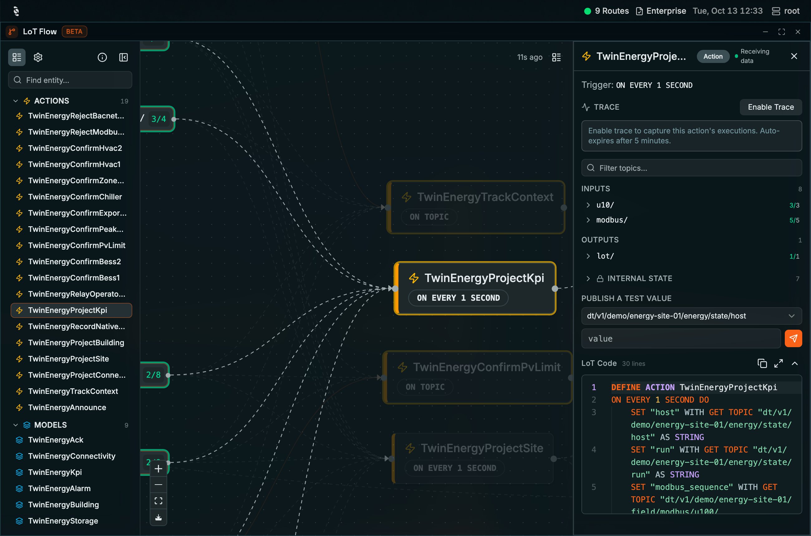 Coreflux HUB LoT Flow with TwinEnergyProjectKpi selected in the Entities rail and highlighted on the canvas; the detail panel shows Receiving data, Trigger ON EVERY 1 SECOND, Enable Trace, Inputs 8, Outputs 1, Internal state, a Publish a test value control, and a LoT Code block beginning DEFINE ACTION TwinEnergyProjectKpi
