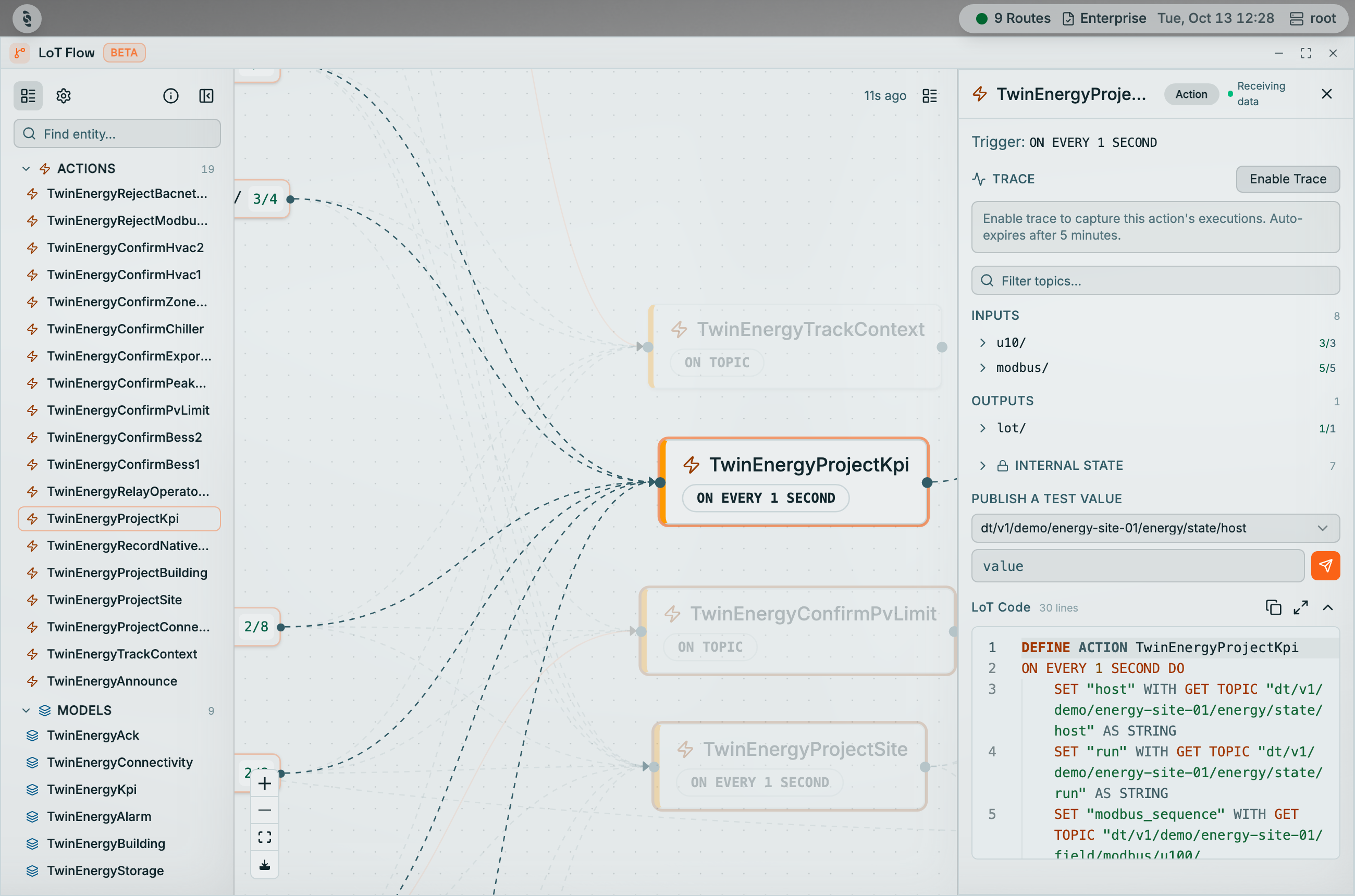 Coreflux HUB LoT Flow with TwinEnergyProjectKpi selected in the Entities rail and highlighted on the canvas; the detail panel shows Receiving data, Trigger ON EVERY 1 SECOND, Enable Trace, Inputs 8, Outputs 1, Internal state, a Publish a test value control, and a LoT Code block beginning DEFINE ACTION TwinEnergyProjectKpi