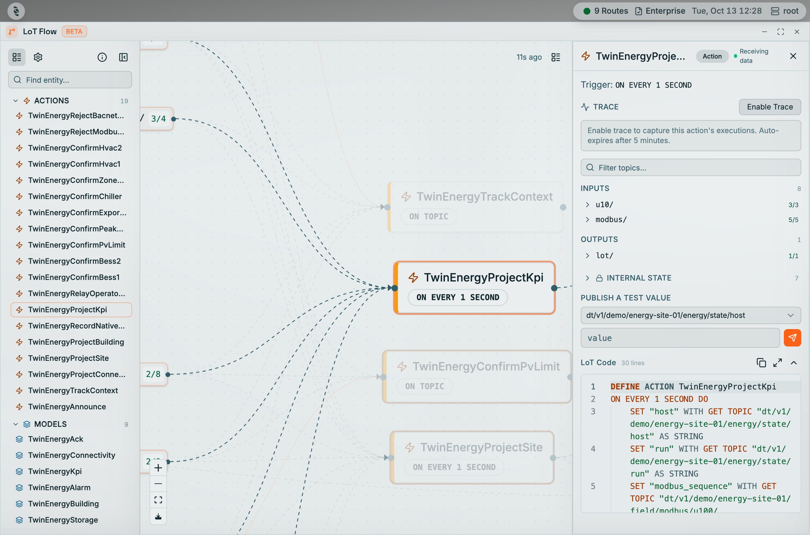 Coreflux HUB LoT Flow with TwinEnergyProjectKpi selected in the Entities rail and highlighted on the canvas; the detail panel shows Receiving data, Trigger ON EVERY 1 SECOND, Enable Trace, Inputs 8, Outputs 1, Internal state, a Publish a test value control, and a LoT Code block beginning DEFINE ACTION TwinEnergyProjectKpi