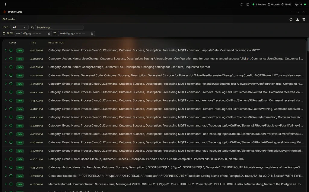 Coreflux HUB Broker Logs window with a 665 entries count, a Level dropdown set to All, a Search logs field, From and To date range pickers, refresh, export, and clear icons in the top-right, and a log entries table with LEVEL, TIME, and DESCRIPTION columns showing Info entries for Category Event ProcessCloudCLICommand and Category Action UserChange, ChangeSettings, Generated Code, Cache Cleanup, and ListTemplates with timestamps from 4:28:06 PM to 4:44:39 PM