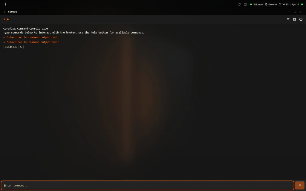 Coreflux HUB Command Console window with a connected status indicator, a header reading Coreflux Command Console v1.0 and Type commands below to interact with the broker — Use the help button for available commands, two Subscribed to command output topic confirmations, a timestamped $ prompt ready for input, and an Enter command input field with a send button at the bottom, plus connection, clear, and help icons in the top-right
