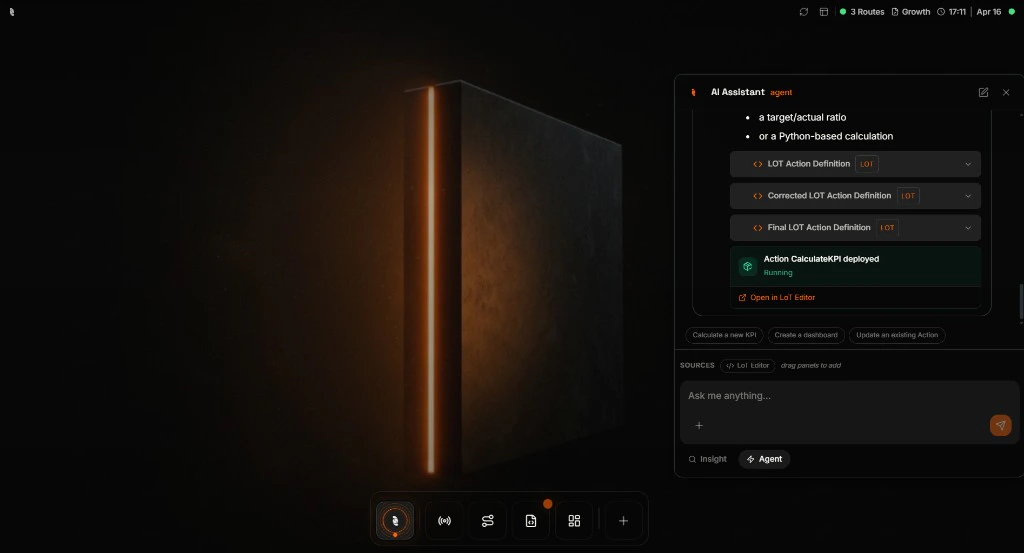 AI Assistant showing deployed CalculateKPI Action with Running status and Open in LoT Editor link