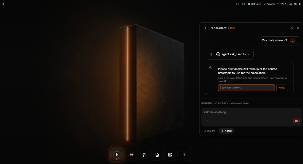 AI Assistant conversation where the assistant asks the user to provide KPI formula or source data with a Type your answer field