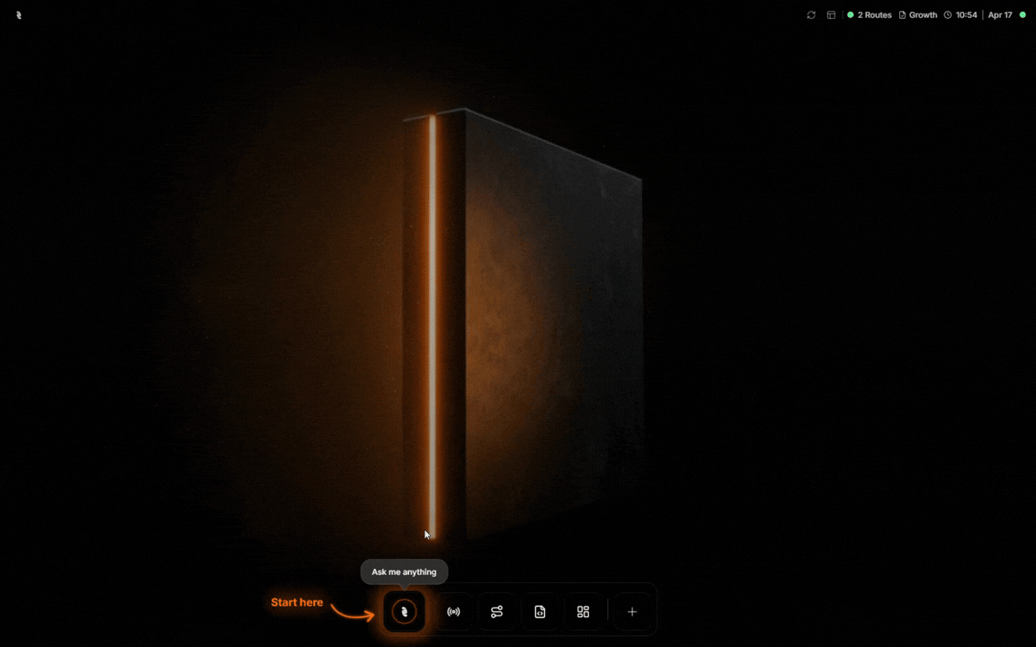 Animated sequence: opening the AI Assistant from the dock, typing a prompt, and the assistant responding and applying changes in Coreflux HUB