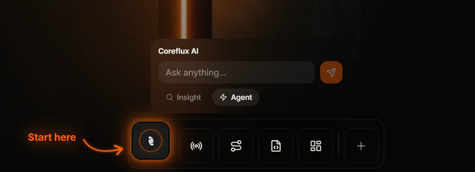 Coreflux HUB dock with the Coreflux icon highlighted and a compact Coreflux AI popover showing Ask anything placeholder and Insight and Agent toggles