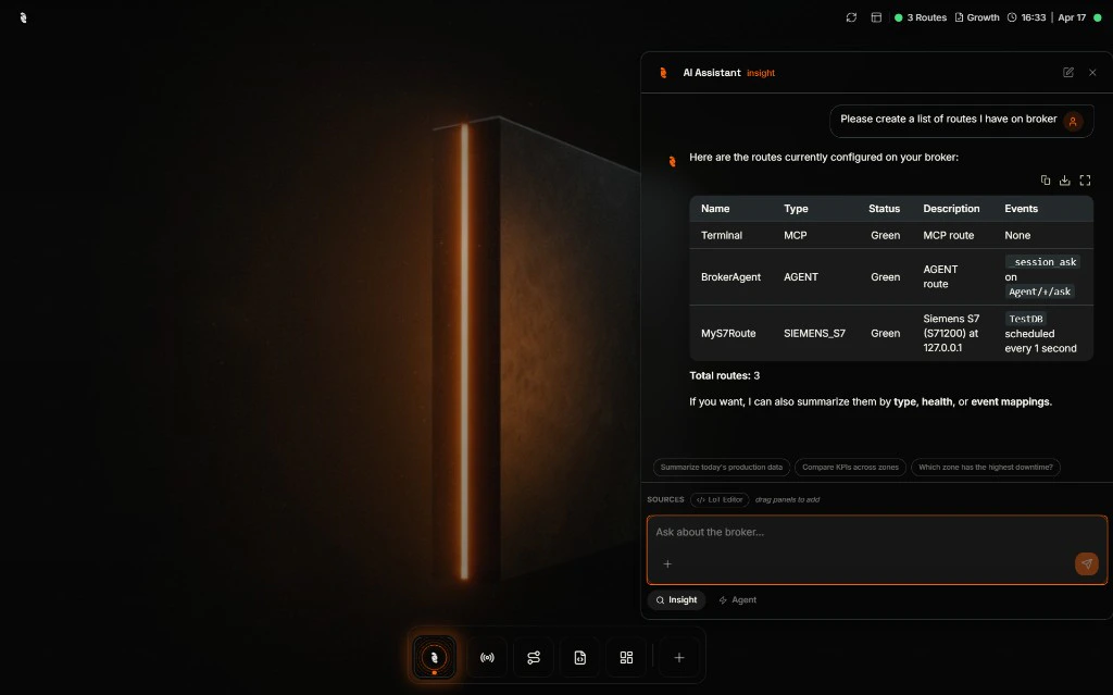 AI Assistant in Insight mode responding to 'Please create a list of routes I have on broker' with a table showing Name, Type, Status, Description, and Events columns for Terminal, BrokerAgent, and MyS7Route