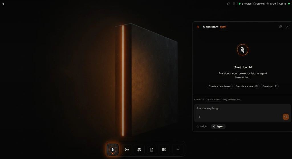 Coreflux HUB with the full AI Assistant panel open showing suggested actions, Sources with LoT Editor, and Ask me anything input