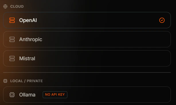 AI Setup provider list grouped into Cloud (OpenAI selected, Anthropic, Mistral) and Local/Private (Ollama with NO API KEY tag)