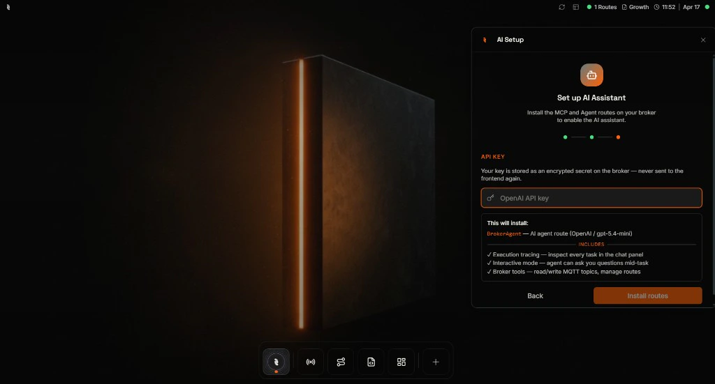 AI Setup wizard API key step with an OpenAI API key input, a note that the key is stored as an encrypted secret on the broker, and an install summary card