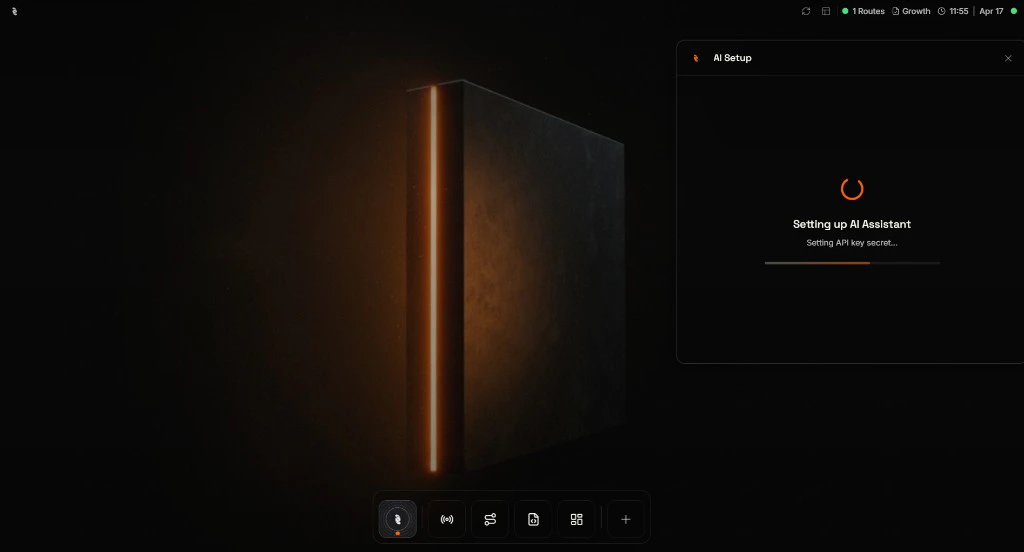 AI Setup wizard showing a Setting up AI Assistant progress indicator with Setting API key secret status