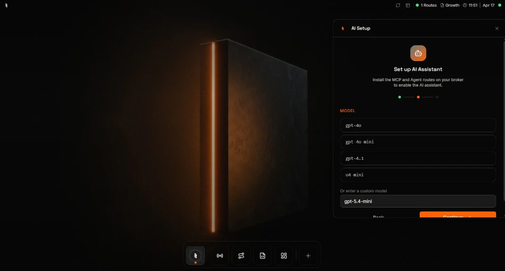 AI Setup wizard model step listing gpt-4o, gpt-4o mini, gpt-4.1, o4 mini and a custom model field with gpt-5.4-mini typed in