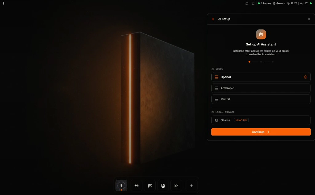 Coreflux HUB with the AI Setup wizard open on the right showing Cloud providers OpenAI, Anthropic, Mistral and a Local / Private Ollama option, with a Continue button