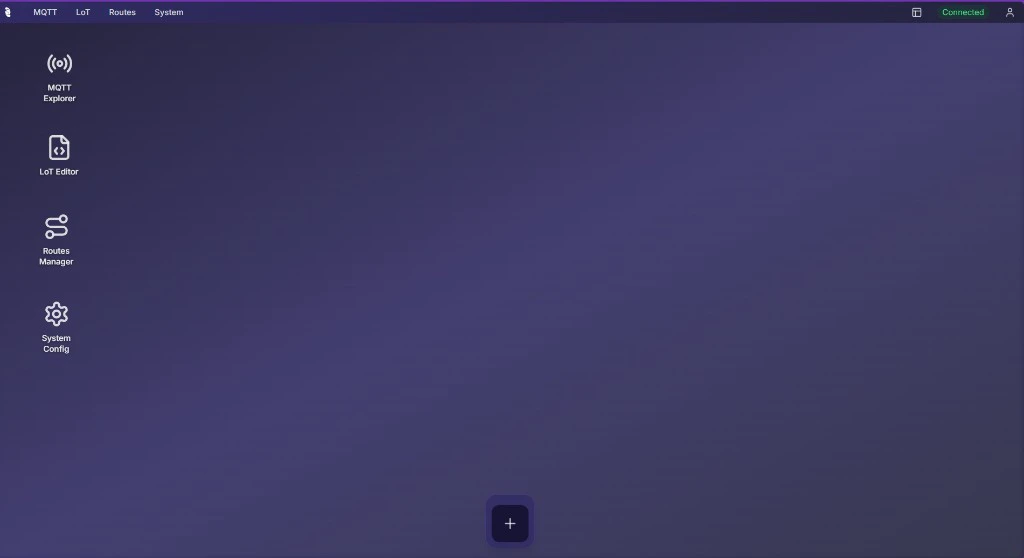 Coreflux HUB dashboard with navigation for MQTT, LoT, Routes, and System