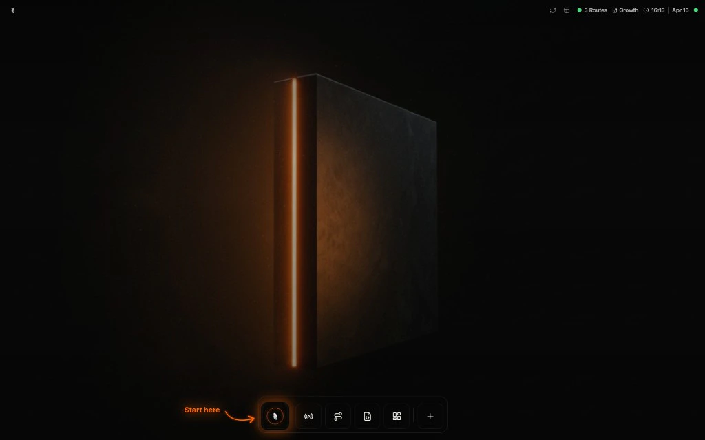 Coreflux HUB home screen with central artwork, bottom app dock with the home icon selected, and status details in the header