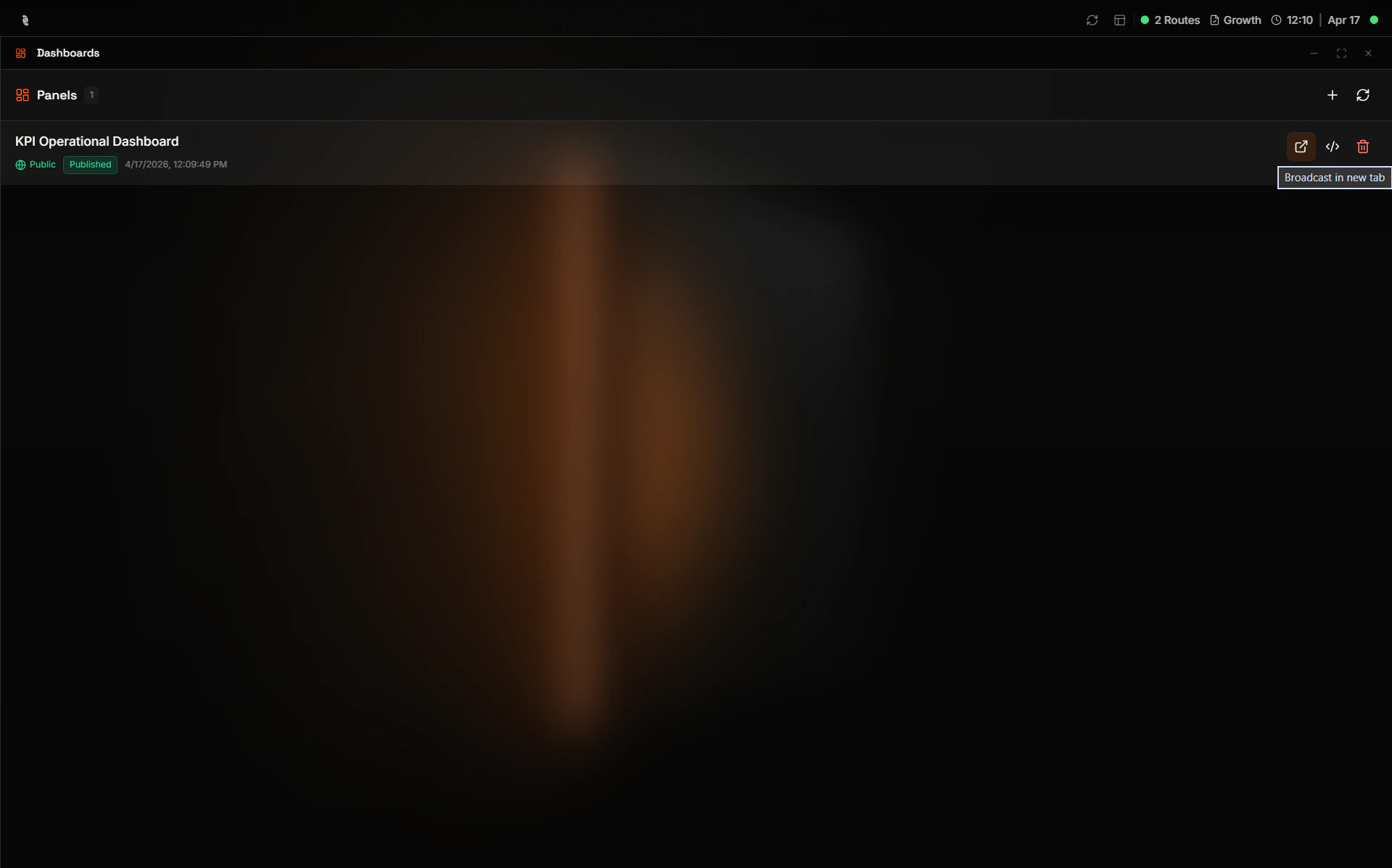 Coreflux HUB Dashboard Manager highlighting the external link action on a panel row to open a shareable dashboard URL