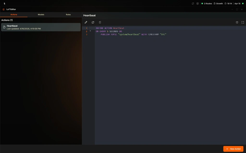 Coreflux HUB LoT Editor showing the Actions tab, action list, and code editor with LoT syntax for a Heartbeat Action