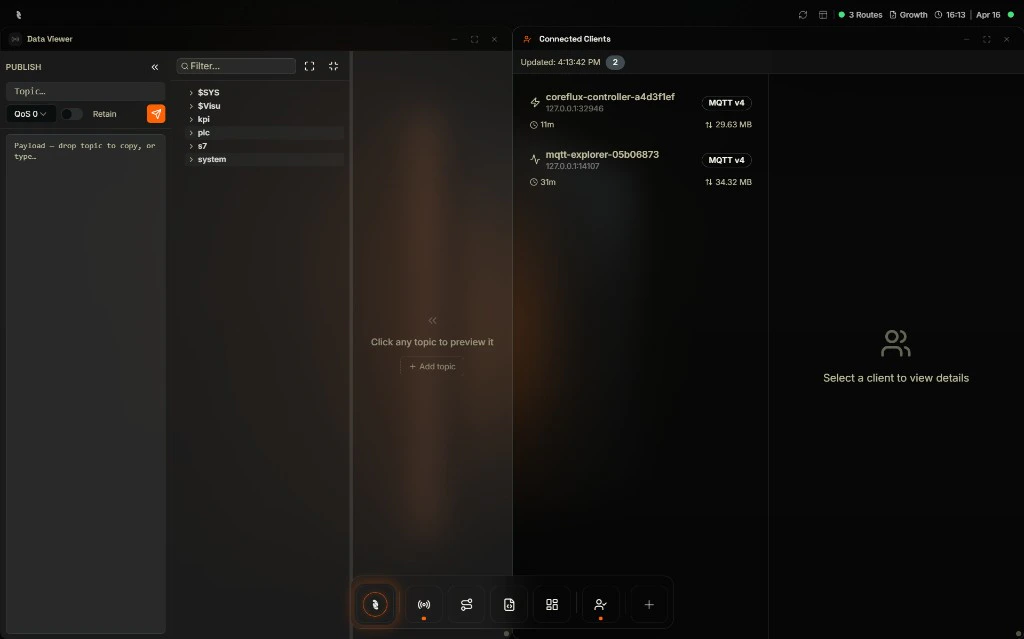 Coreflux HUB MQTT app showing Data Viewer with topic tree, publish panel, and Connected Clients list with client details