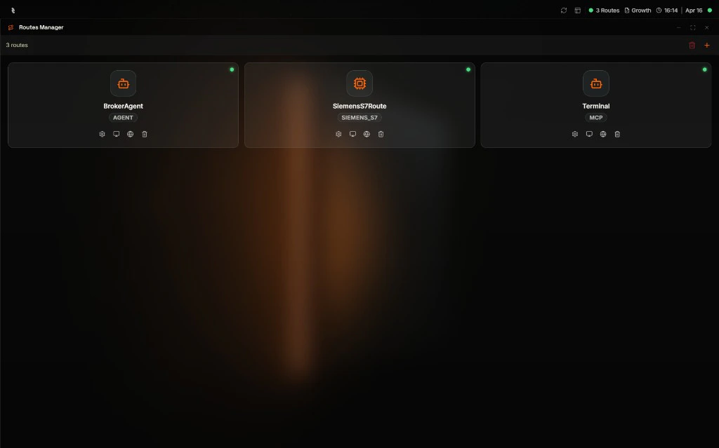 Coreflux HUB Routes app showing multiple route cards in a row with type labels, green status dots, and toolbar icons on each card