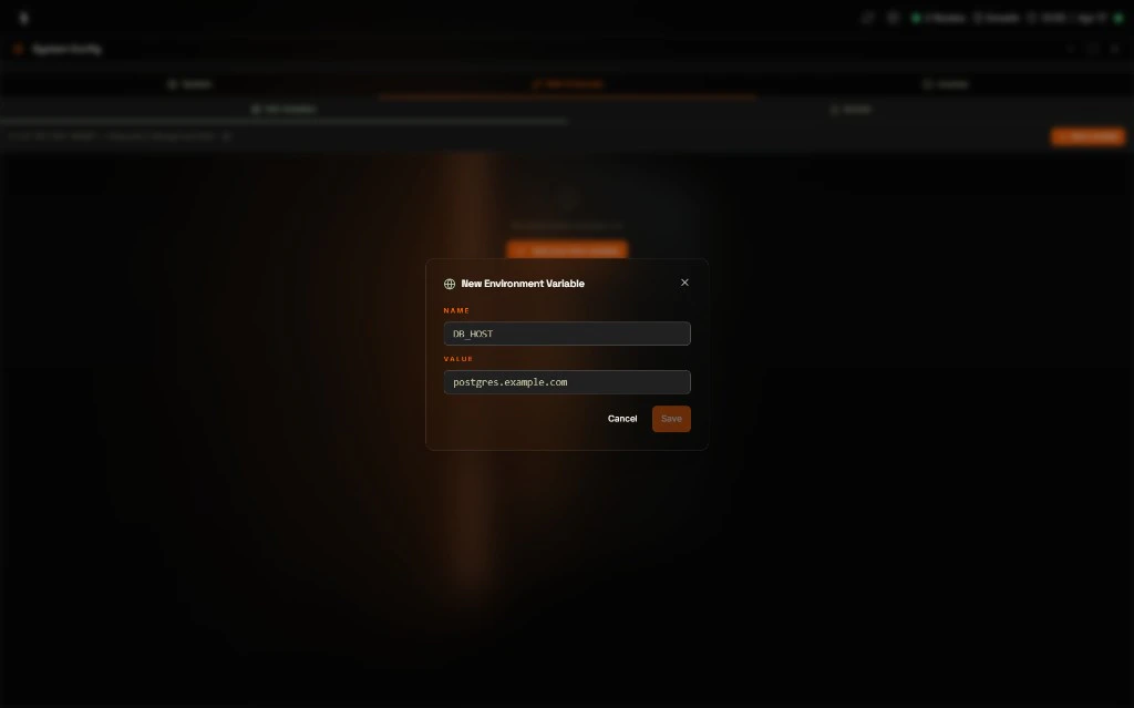 New Environment Variable modal in the Coreflux HUB with the NAME field set to DB_HOST and the VALUE field set to postgres.example.com, plus Cancel and Save buttons