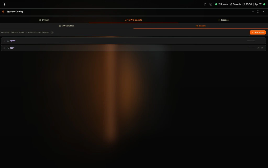 ENV & Secrets tab in the Coreflux HUB System Config showing the Secrets sub-tab with two entries named agent and TEST, both with values shown as dots and hover icons on the right side for editing and deleting the secret