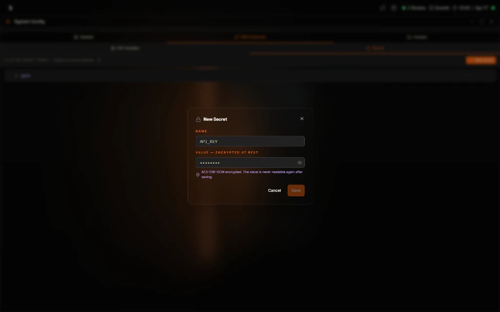 New Secret modal in the Coreflux HUB with the NAME field set to API_KEY, a masked VALUE field labeled VALUE -- ENCRYPTED AT REST, an info note explaining AES-256-GCM encryption and that the value is never readable again after saving, plus Cancel and Save buttons