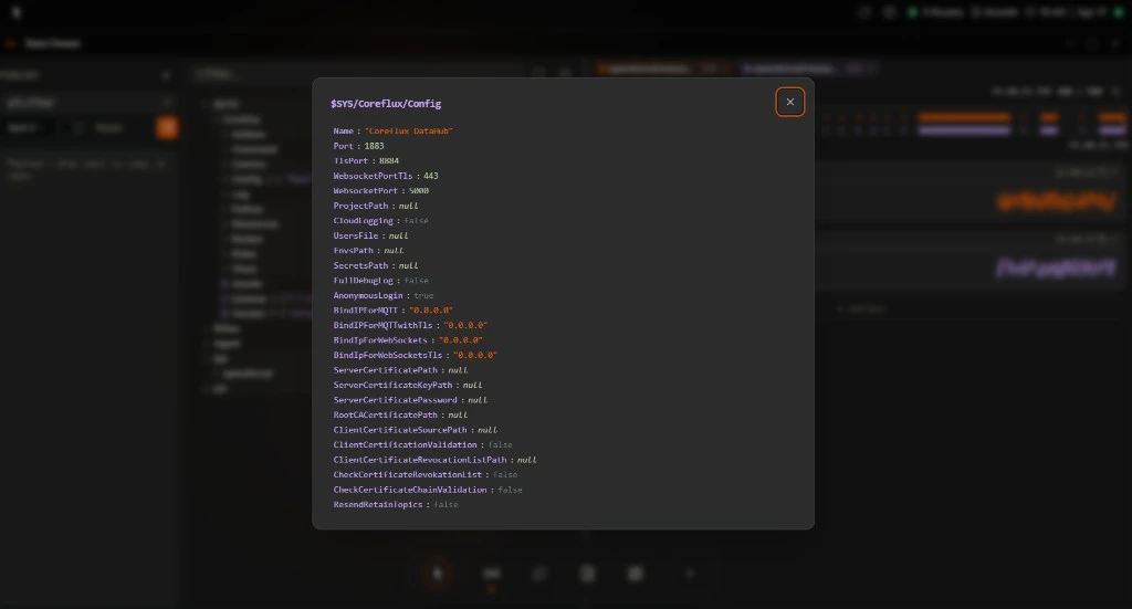 Coreflux HUB Data Viewer payload inspector floating over the Topic Tree, displaying the $SYS/Coreflux/Config payload with fields such as Name, Port 1883, TlsPort 8884, WebsocketPortTls 443, AnonymousLogin true, and several certificate paths, each with its key highlighted and value formatted by type