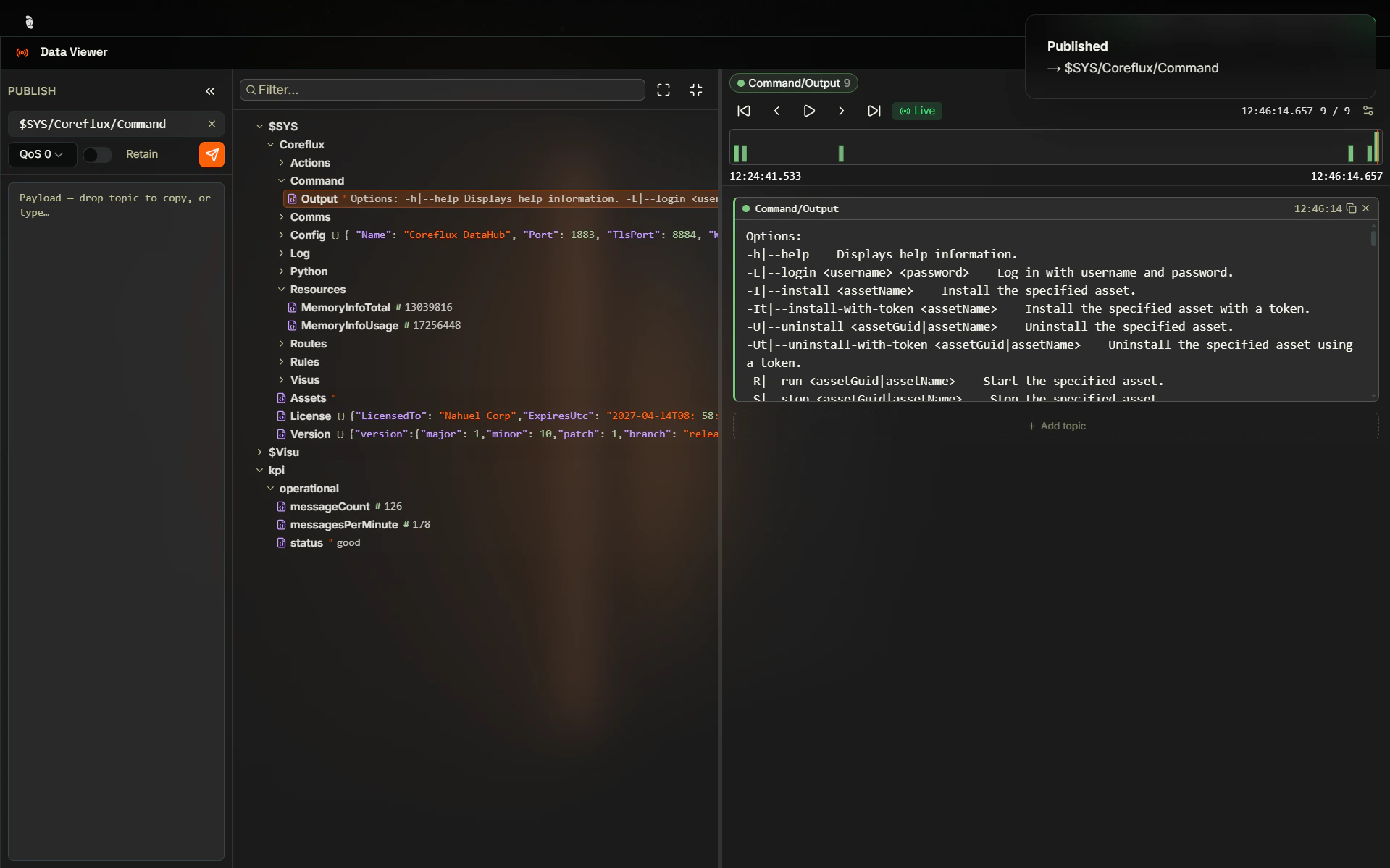 Coreflux HUB Data Viewer showing a published message to $SYS/Coreflux/Command with payload -h, a Message sent success toast, and the sent message displayed in the payload viewer