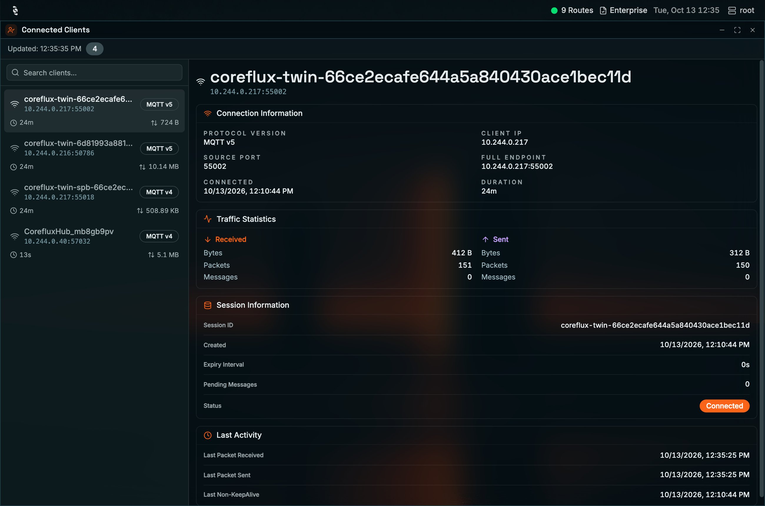 Coreflux HUB Connected Clients with 4 clients listed on the left (MQTT v5 and v4, endpoint, connected time, and traffic), and the selected client's Connection Information, Traffic Statistics for received and sent bytes, packets and messages, Session Information with status Connected, and Last Activity