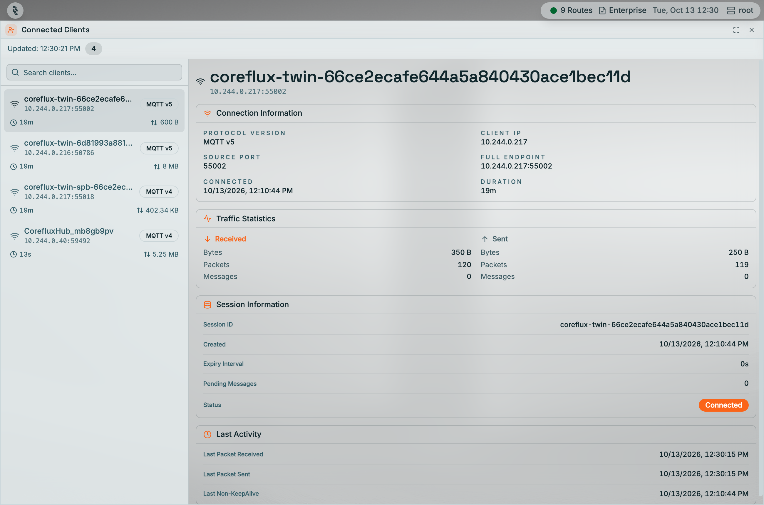 Coreflux HUB Connected Clients with 4 clients listed on the left (MQTT v5 and v4, endpoint, connected time, and traffic), and the selected client's Connection Information, Traffic Statistics for received and sent bytes, packets and messages, Session Information with status Connected, and Last Activity