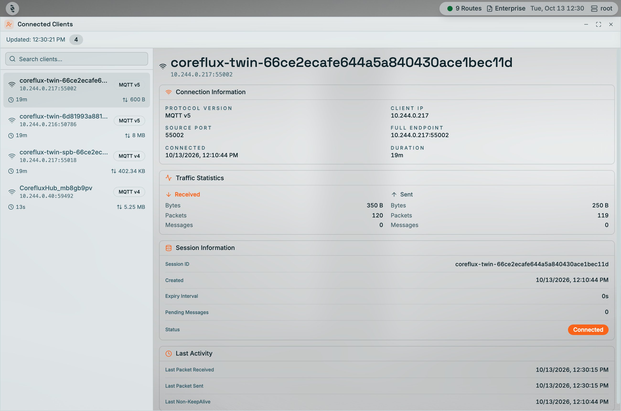 Coreflux HUB Connected Clients with 4 clients listed on the left (MQTT v5 and v4, endpoint, connected time, and traffic), and the selected client's Connection Information, Traffic Statistics for received and sent bytes, packets and messages, Session Information with status Connected, and Last Activity