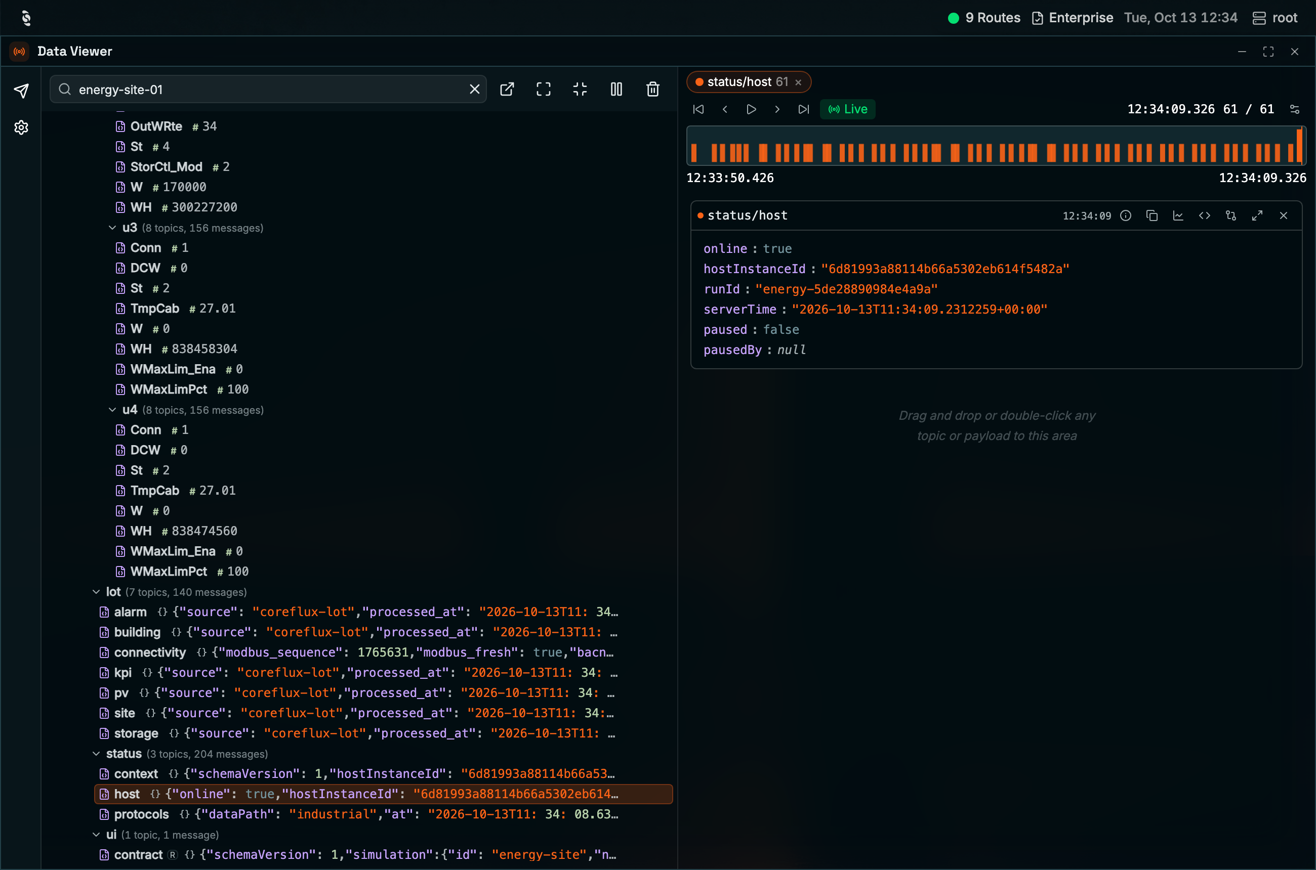 Coreflux HUB Data Viewer maximized, topic tree filtered to energy-site-01 with live values, and the status/host topic pinned on the right with a Live message timeline and a parsed JSON payload