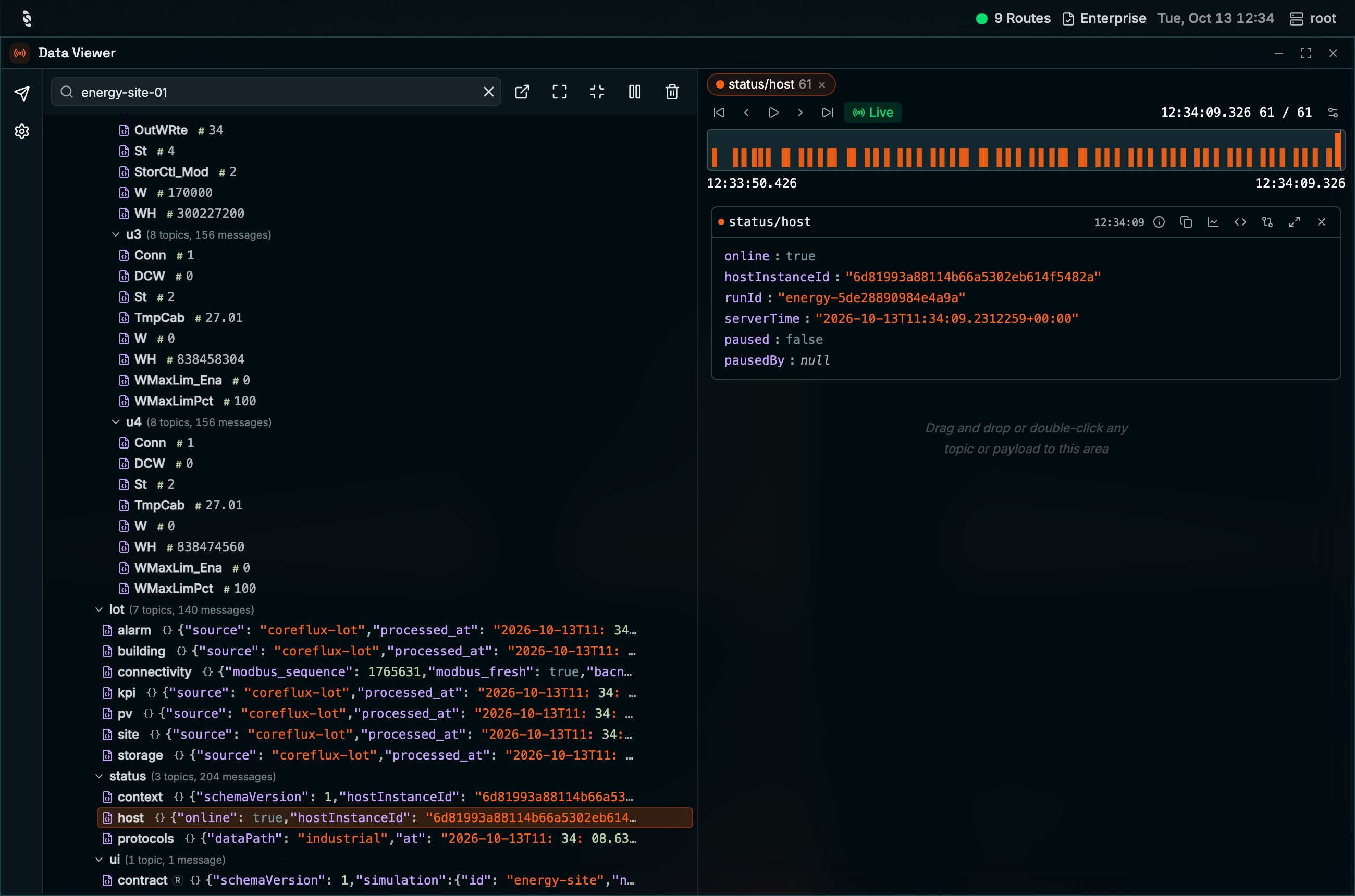 Coreflux HUB Data Viewer maximized, topic tree filtered to energy-site-01 with live values, and the status/host topic pinned on the right with a Live message timeline and a parsed JSON payload