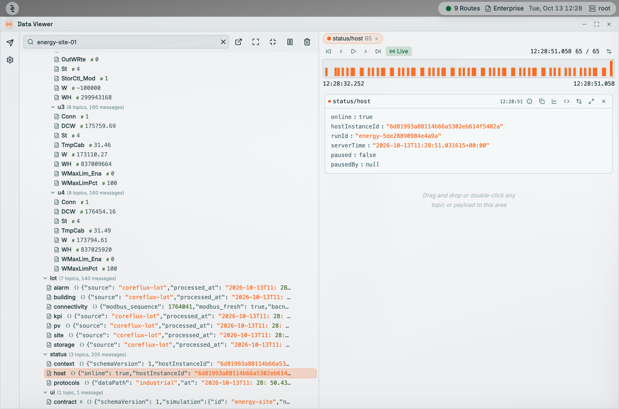 Coreflux HUB Data Viewer maximized, topic tree filtered to energy-site-01 with live values, and the status/host topic pinned on the right with a Live message timeline and a parsed JSON payload