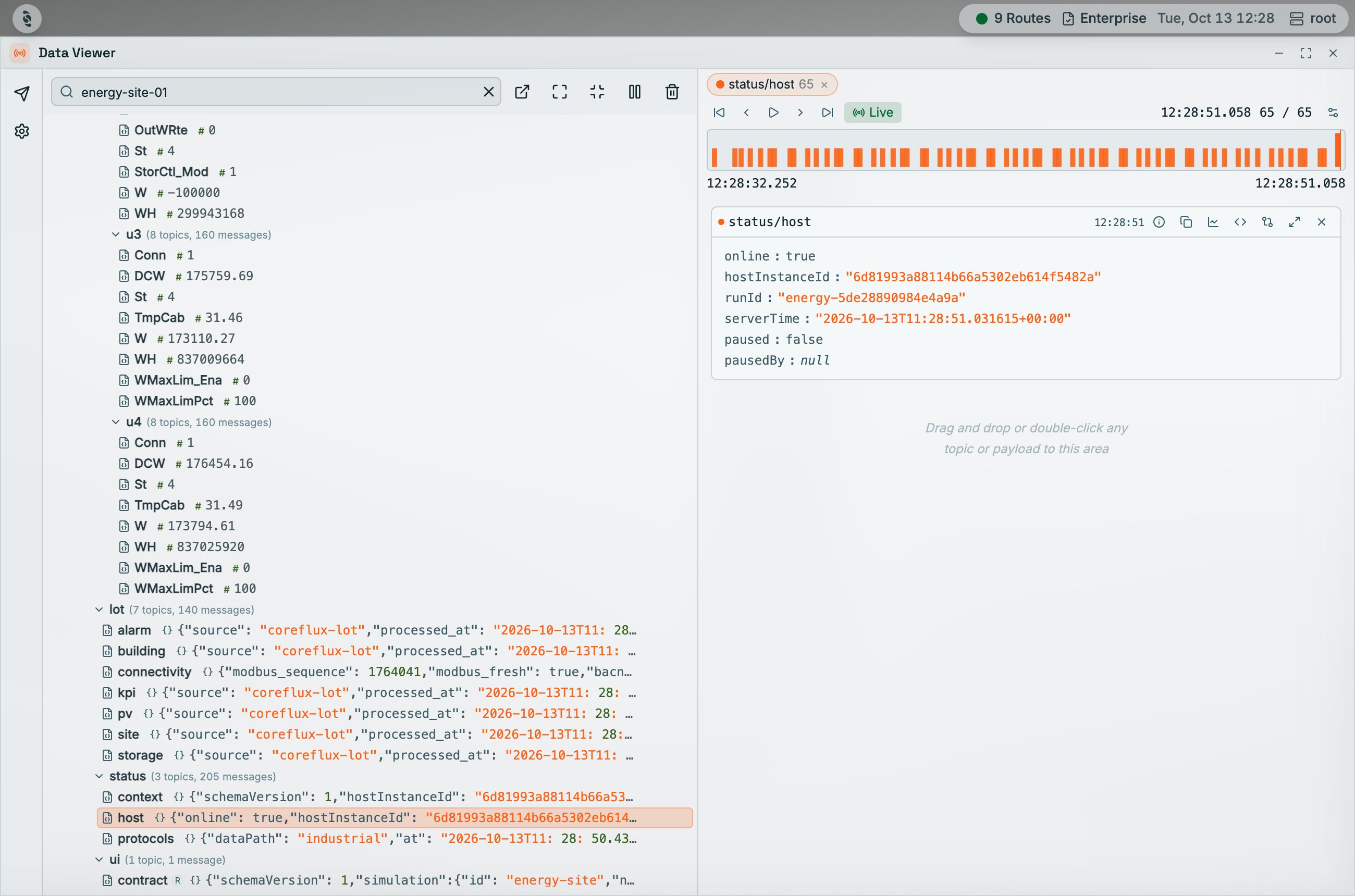 Coreflux HUB Data Viewer maximized, topic tree filtered to energy-site-01 with live values, and the status/host topic pinned on the right with a Live message timeline and a parsed JSON payload