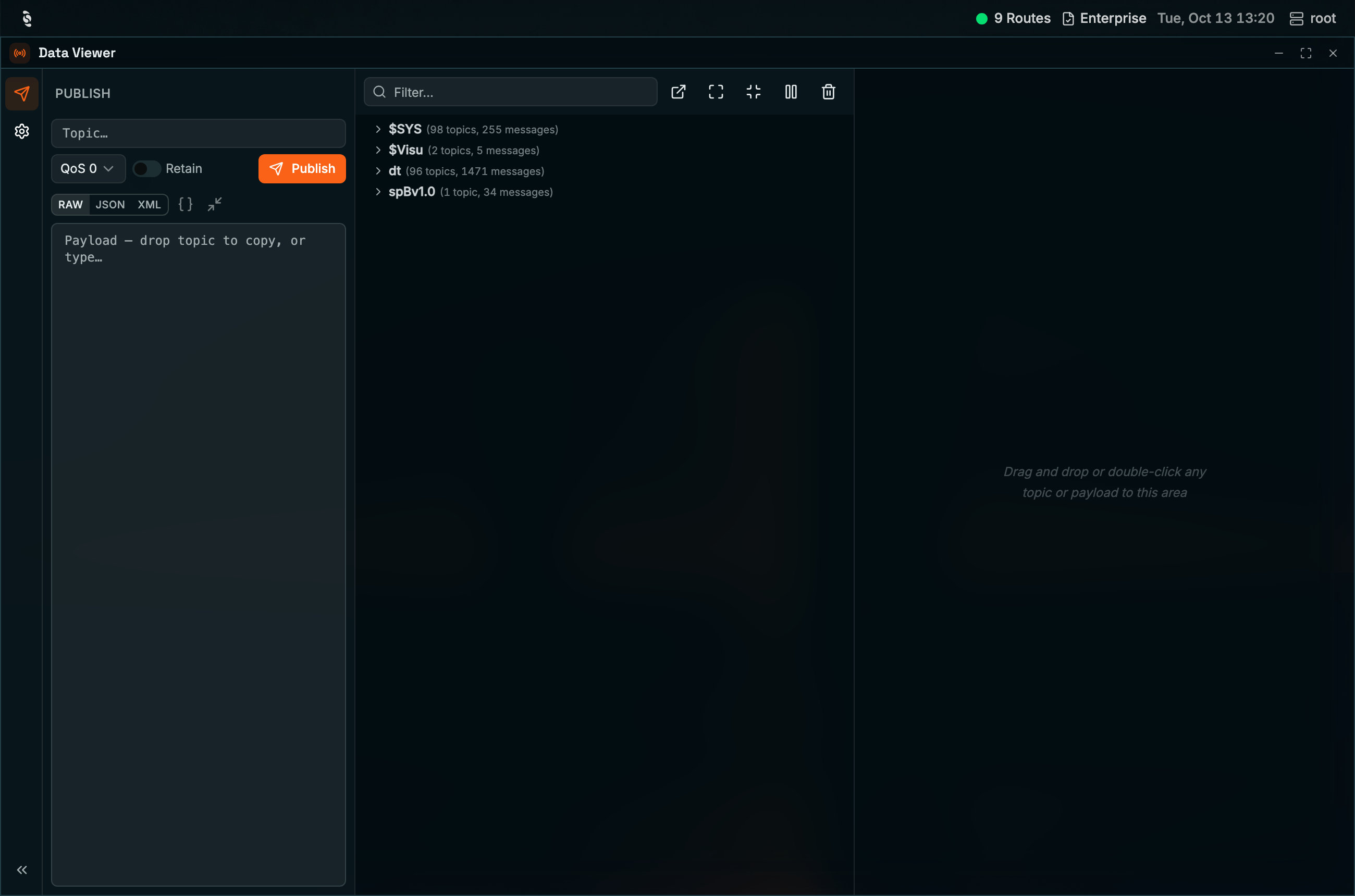 Coreflux HUB Data Viewer with the Publish panel open showing a Topic field, QoS 0 selector, Retain toggle, an orange Publish button, RAW, JSON, and XML format buttons, and an empty payload editor, next to the topic tree