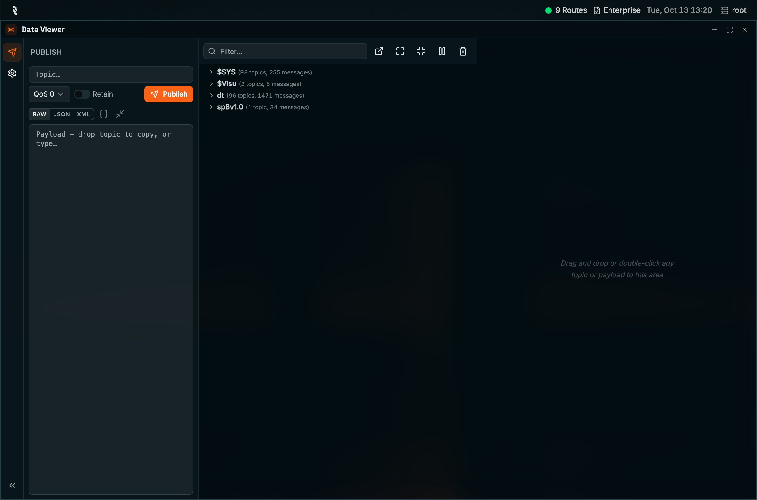 Coreflux HUB Data Viewer with the Publish panel open showing a Topic field, QoS 0 selector, Retain toggle, an orange Publish button, RAW, JSON, and XML format buttons, and an empty payload editor, next to the topic tree
