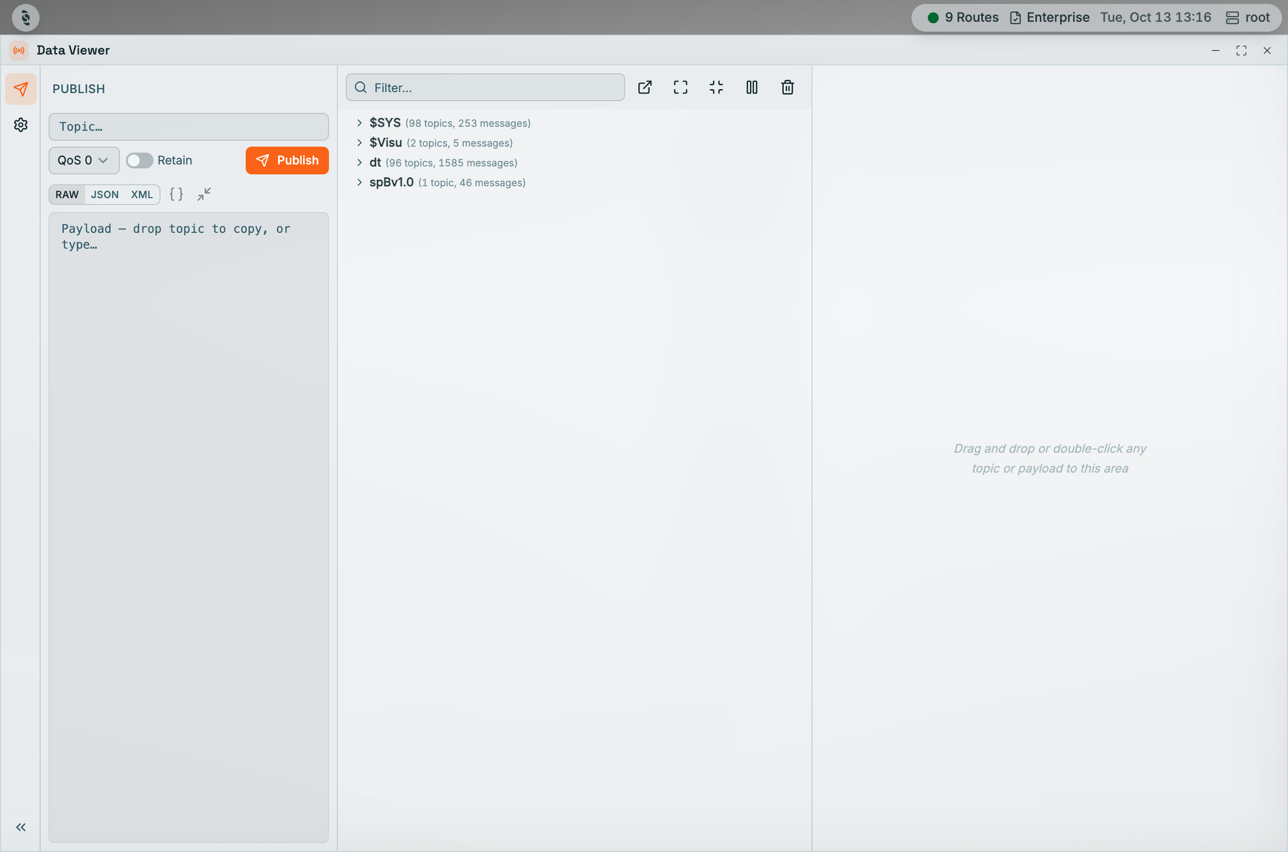 Coreflux HUB Data Viewer with the Publish panel open showing a Topic field, QoS 0 selector, Retain toggle, an orange Publish button, RAW, JSON, and XML format buttons, and an empty payload editor, next to the topic tree