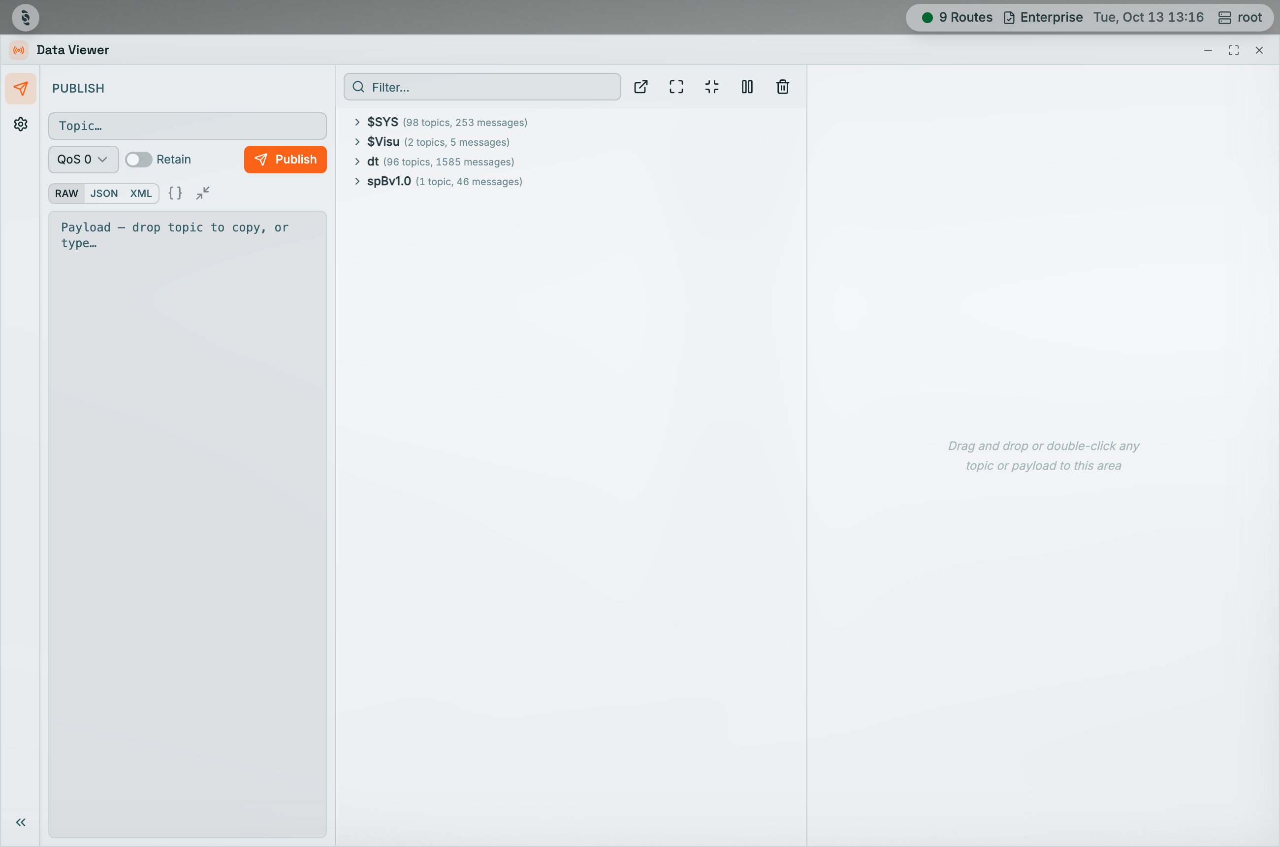 Coreflux HUB Data Viewer with the Publish panel open showing a Topic field, QoS 0 selector, Retain toggle, an orange Publish button, RAW, JSON, and XML format buttons, and an empty payload editor, next to the topic tree