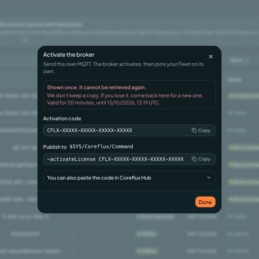 Coreflux Portal Activate the broker dialog with a redacted activation code and the -activateLicense command for $SYS/Coreflux/Command