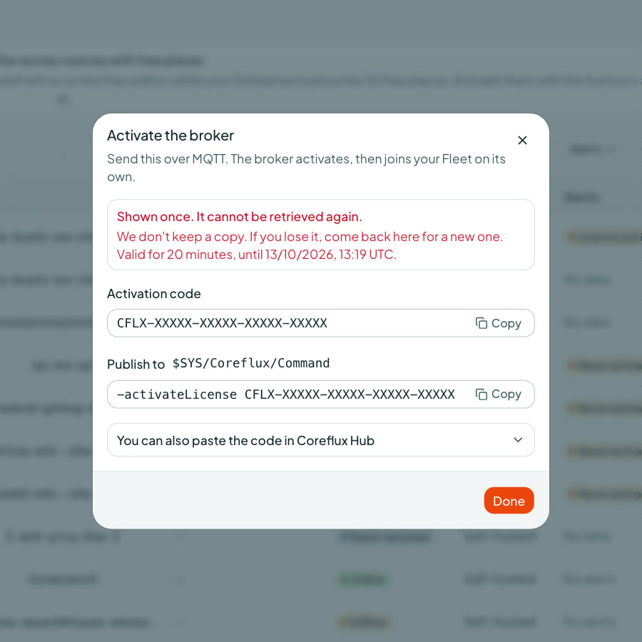 Coreflux Portal Activate the broker dialog with a redacted activation code and the -activateLicense command for $SYS/Coreflux/Command