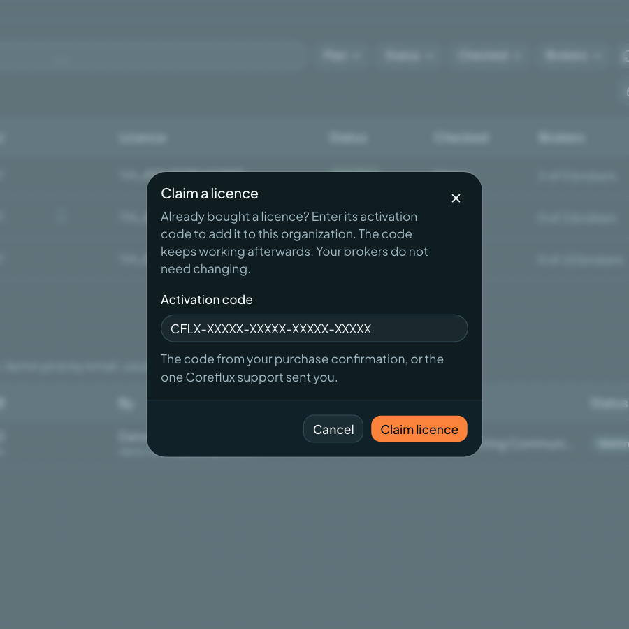 Coreflux Portal Claim a licence dialog with an Activation code field
