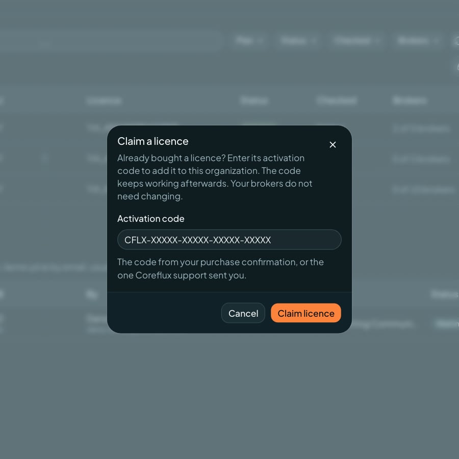 Coreflux Portal Claim a licence dialog with an Activation code field