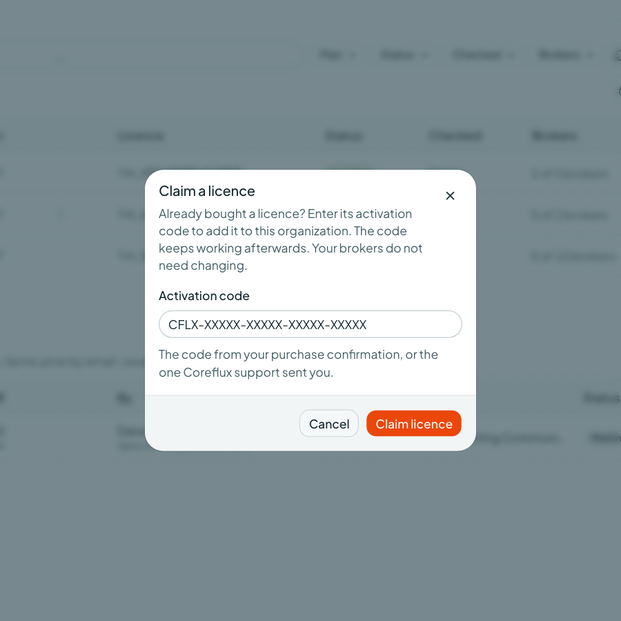 Coreflux Portal Claim a licence dialog with an Activation code field