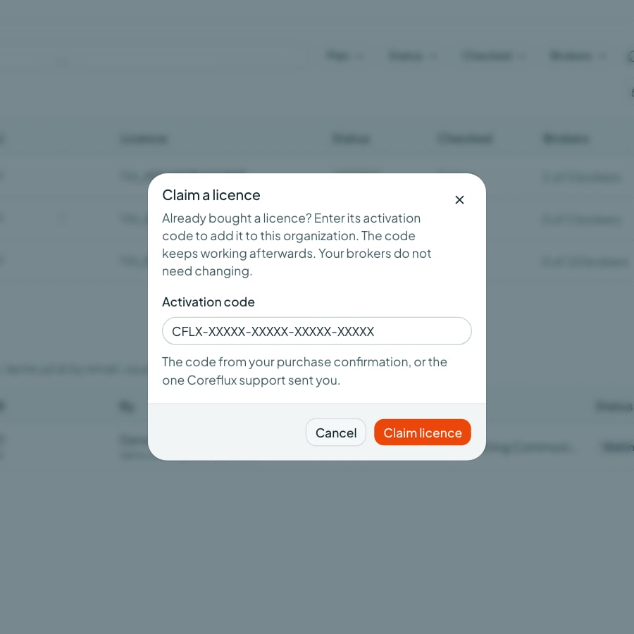 Coreflux Portal Claim a licence dialog with an Activation code field
