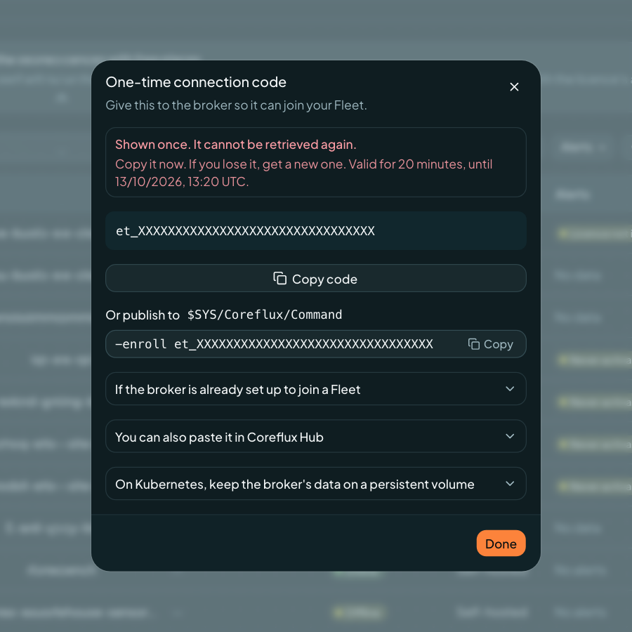Coreflux Portal One-time connection code dialog with a redacted code and the -enroll command for $SYS/Coreflux/Command