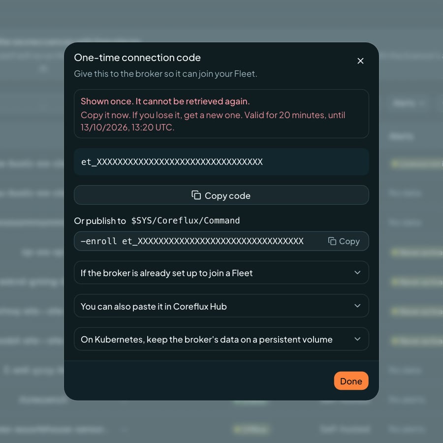 Coreflux Portal One-time connection code dialog with a redacted code and the -enroll command for $SYS/Coreflux/Command
