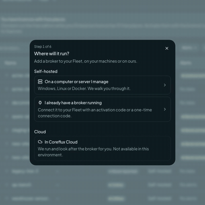 Animation of the Add broker dialog: choosing Add to Fleet without a licence, naming the broker, and getting a one-time connection code