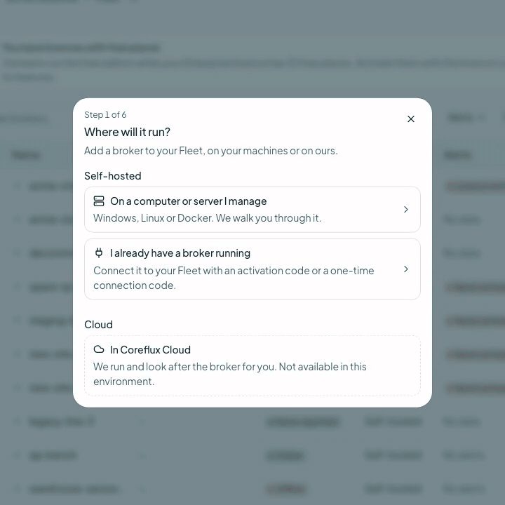 Animation of the Add broker dialog: choosing Add to Fleet without a licence, naming the broker, and getting a one-time connection code