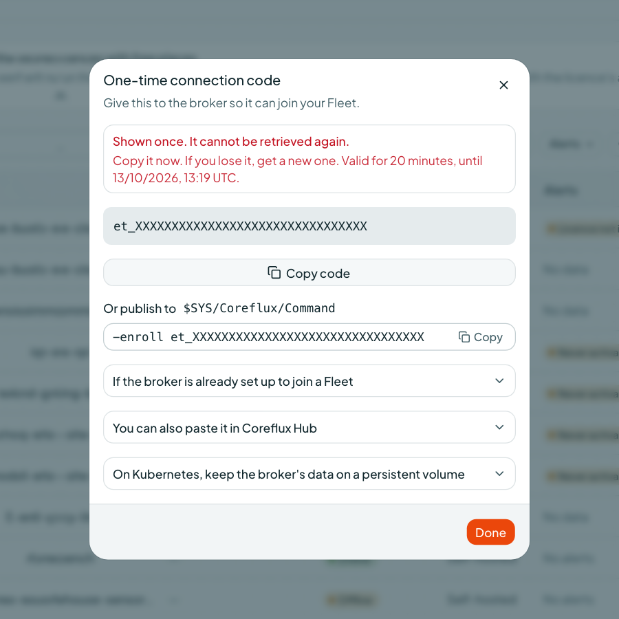 Coreflux Portal One-time connection code dialog with a redacted code and the -enroll command for $SYS/Coreflux/Command